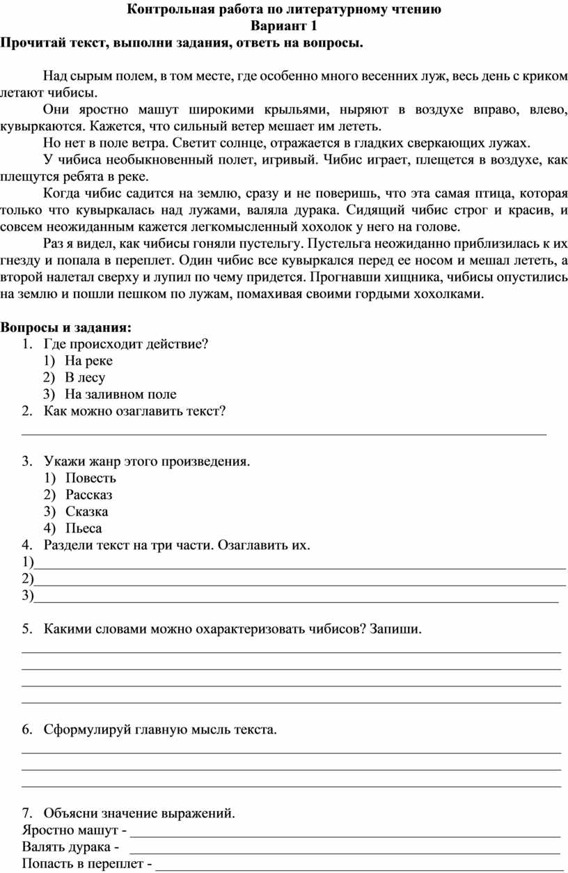 Контрольная работа по литературному чтению