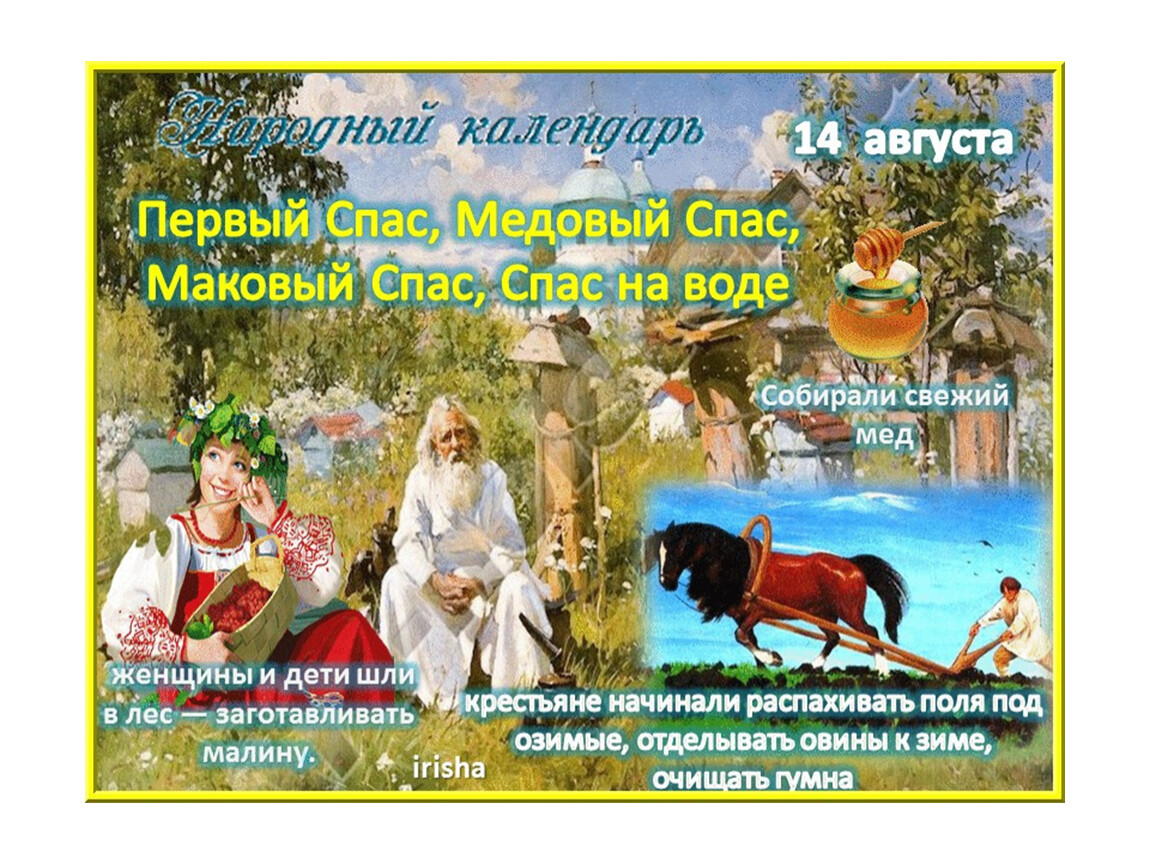 4 августа какие. 14 Августа народный календарь. Медовый спас народный календарь. Приметы на 14 августа медовый. Народный календарь 14 августа медовый спас.