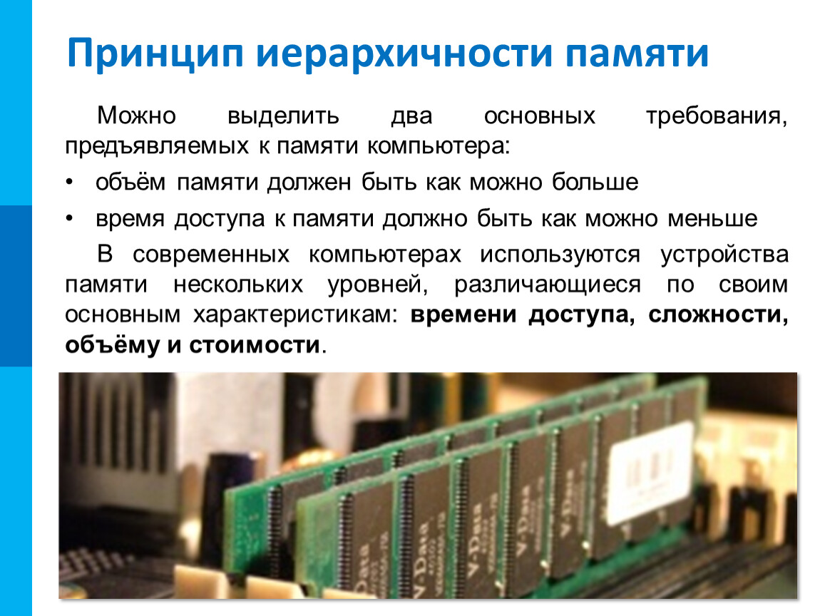 Организации памяти компьютера. Требования к памяти компьютера. Принцип адресности памяти. Принципы организации памяти. Основополагающие принципы устройства ЭВМ.