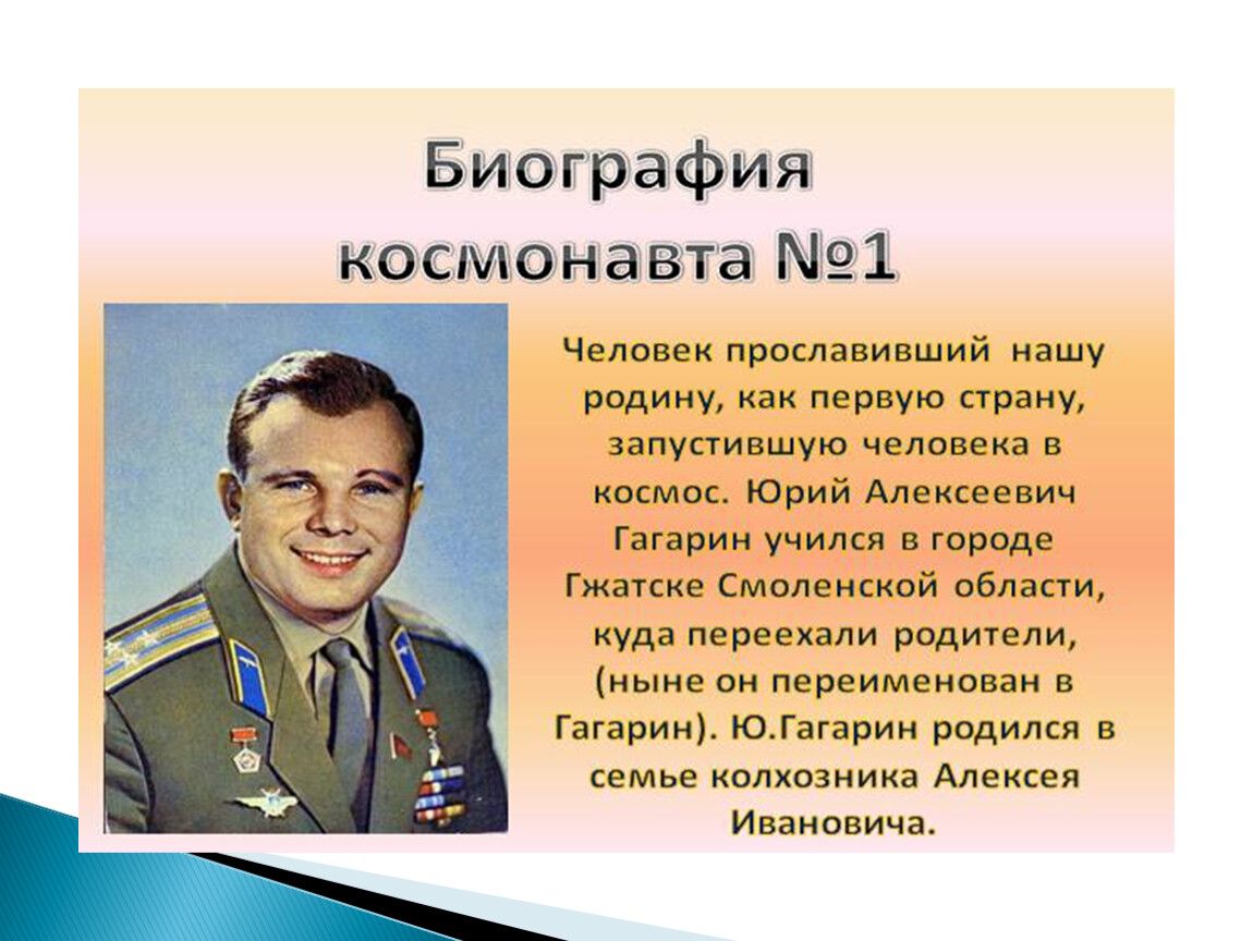 Информация о известных людях. Герои космоса Гагарин.