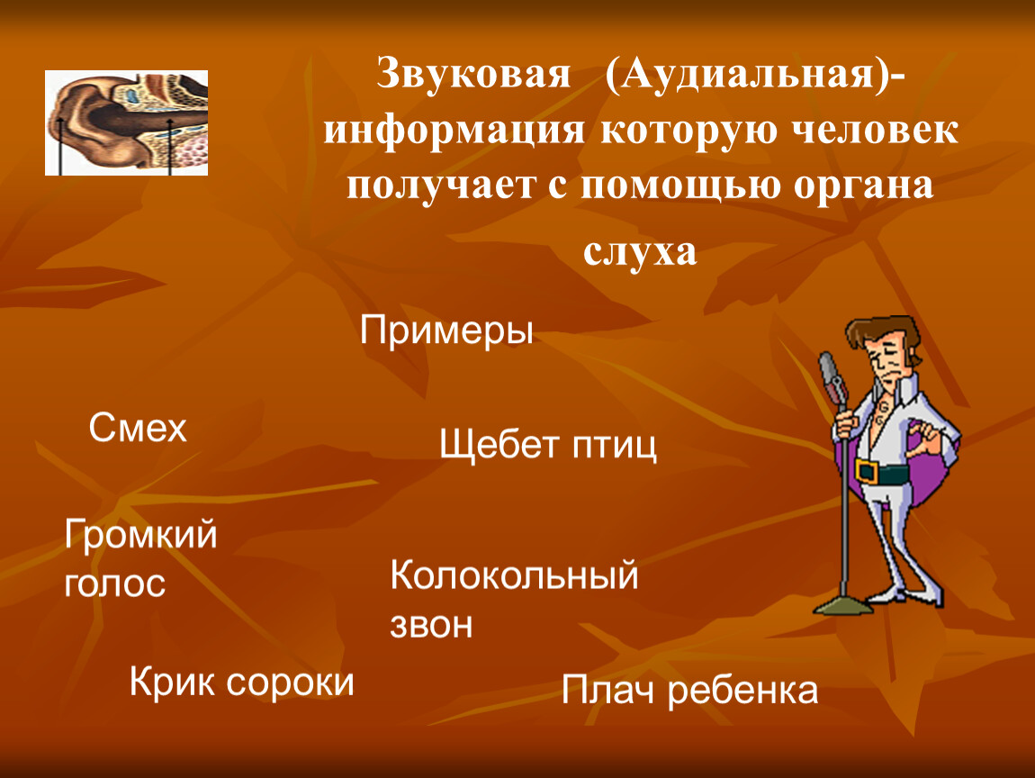 Человек получает с помощью какого органа. Аудиальная информация. Аудиальная (звуковая) информация. Примеры аудиальной информации. Визуальная и аудиальная информация примеры.