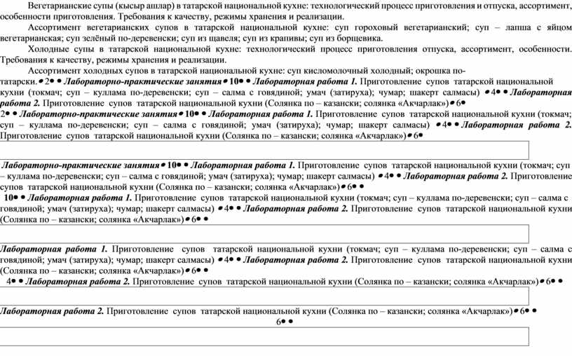 Вегетарианские супы (кысыр ашлар) в татарской национальной кухне: технологический процесс приготовления и отпуска, ассортимент, особенности приготовления