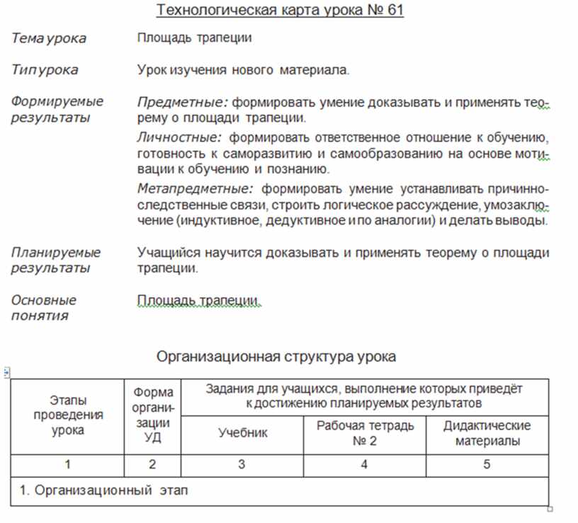 Технологическая карта 8 класс геометрия