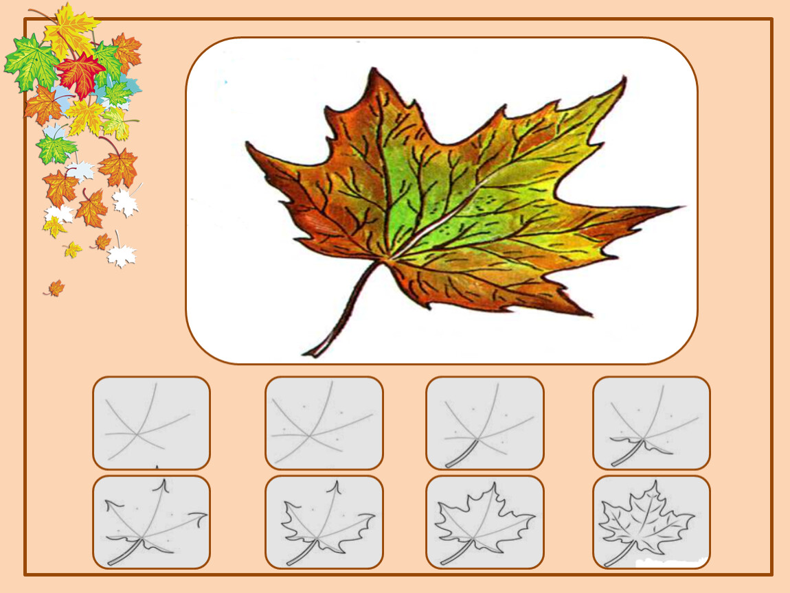 Лист для первого класса. Рисование листьев. Рисование осенними листьями. Листья рисунок. Лист клена поэтапное рисование.