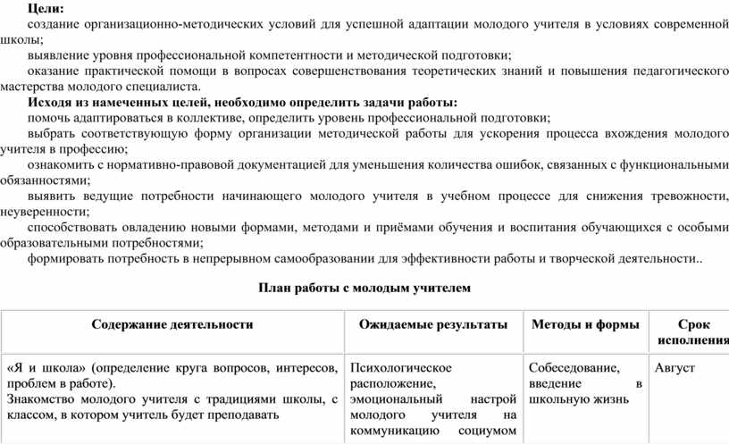 План работы наставника с молодым учителем по физкультуре