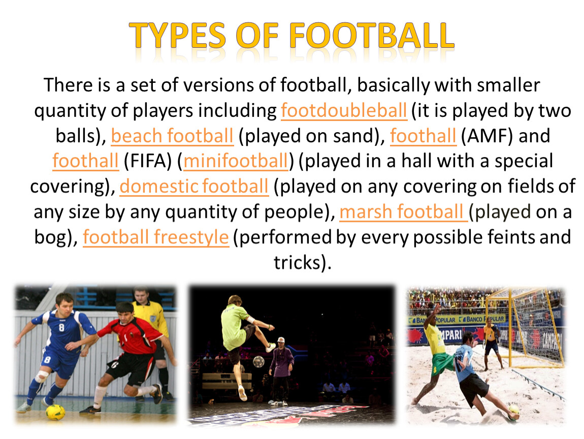Футбол перевести на английский. Types of Football. Презентация на английском по футболу. About Football. Presentation about Football.