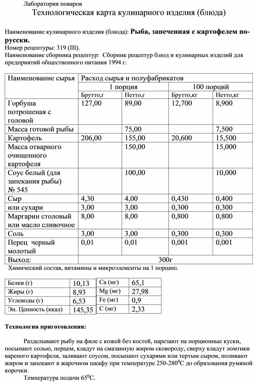 Технологическая карта кулинарного изделия