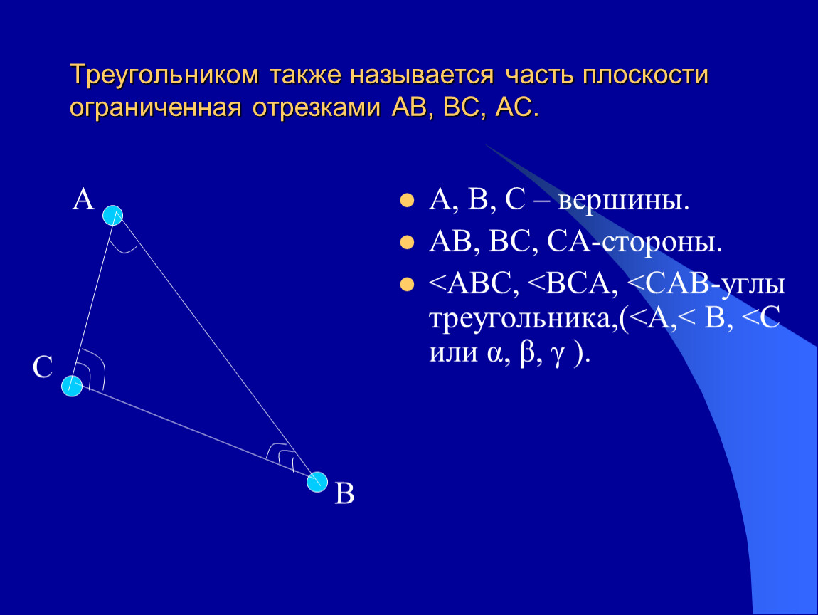 Отрезки из которых состоит треугольник. Вершина (геометрия). Стороны вершины и углы треугольника. Треугольник это часть плоскости. Название отрезков из которых состоит треугольник.