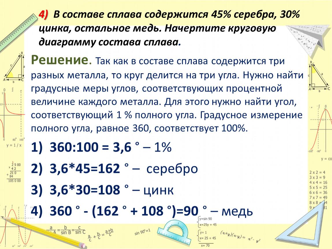 Сплав содержит 42 свинца 30 олова и 28 меди постройте круговую диаграмму