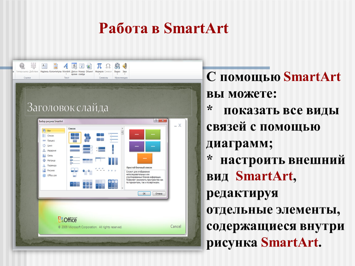 Какое создать тему. Внешний вид слайдов. Виды smartart в презентации. Тема 7. «работа с объектами smartart и вкладки фигуры». Работа со слайдами smartart презентации.