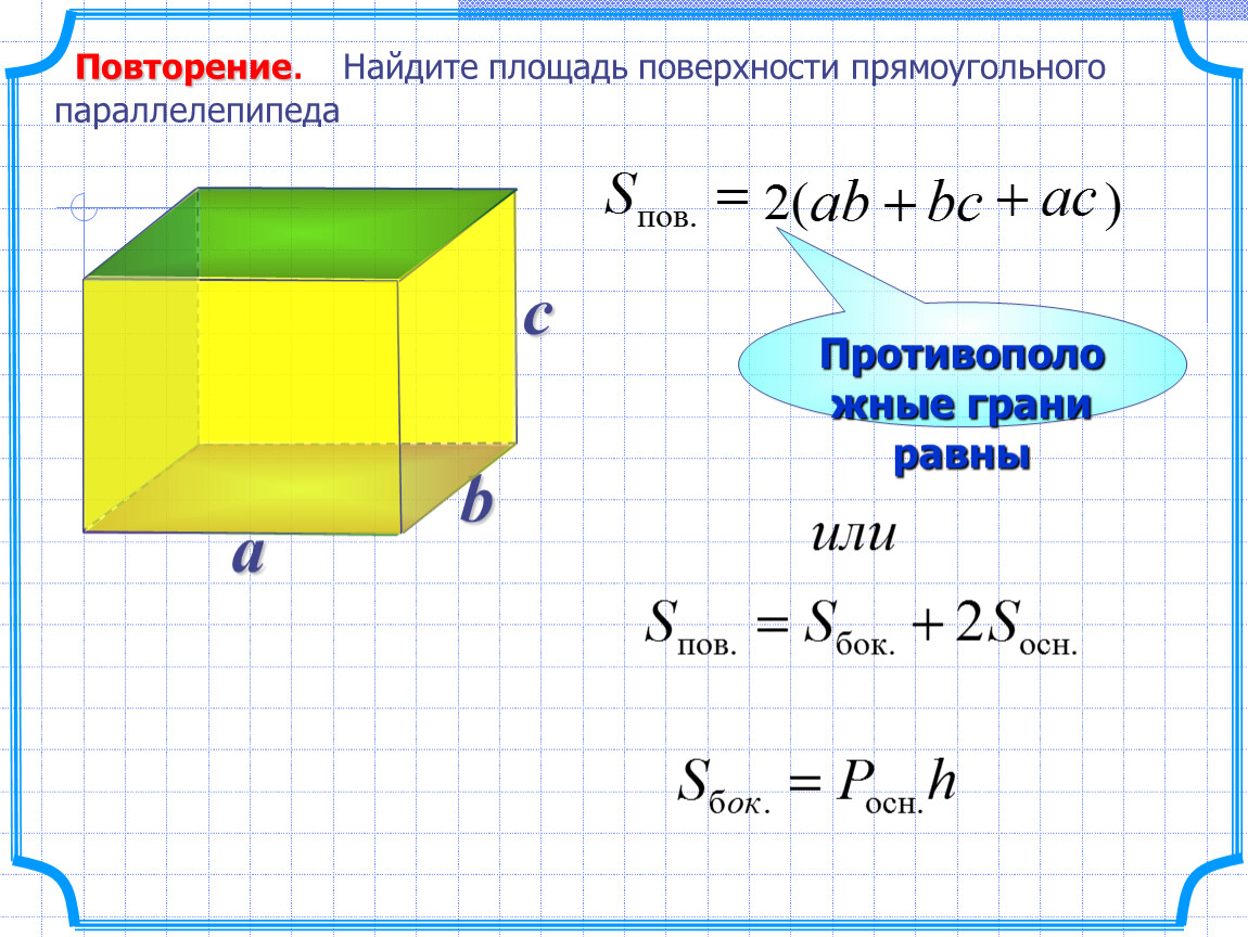 Вычислить полную поверхность параллелепипеда. Площадь полной поверхности прямоугольного параллелепипеда. Как найти площадь поверхности прямоугольника параллелепипеда. Площадь поверхности параллелепипеда формула. Площадь боковой поверхности параллелепипеда.