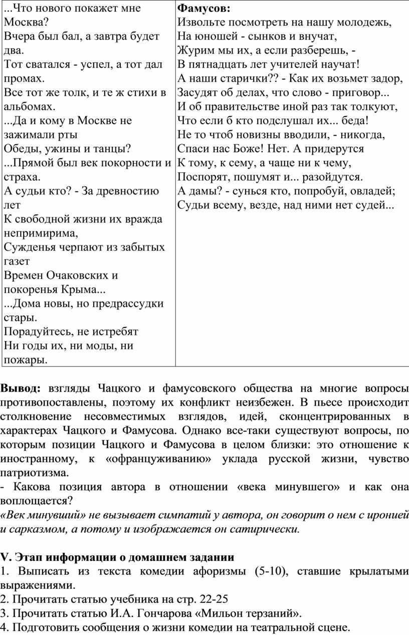 Молодое поколение и представители «века минувшего». Мастерство А.С.Грибоедова  в создании характеров. Жанровое своеобрази