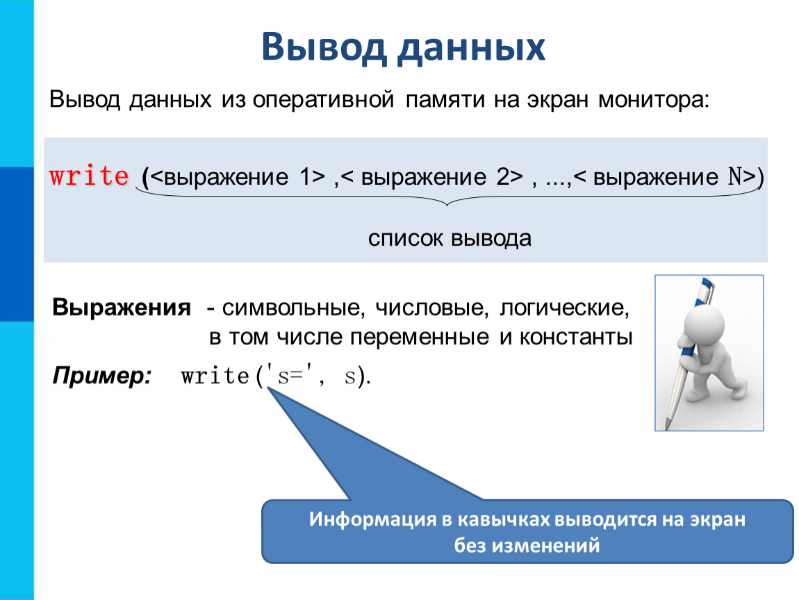 Вывести фраза. Вывод данных. Вывод данных на экран. Переменные. Константы ( числовые, символьные, логические ). Начало программирования организация данных ввода.