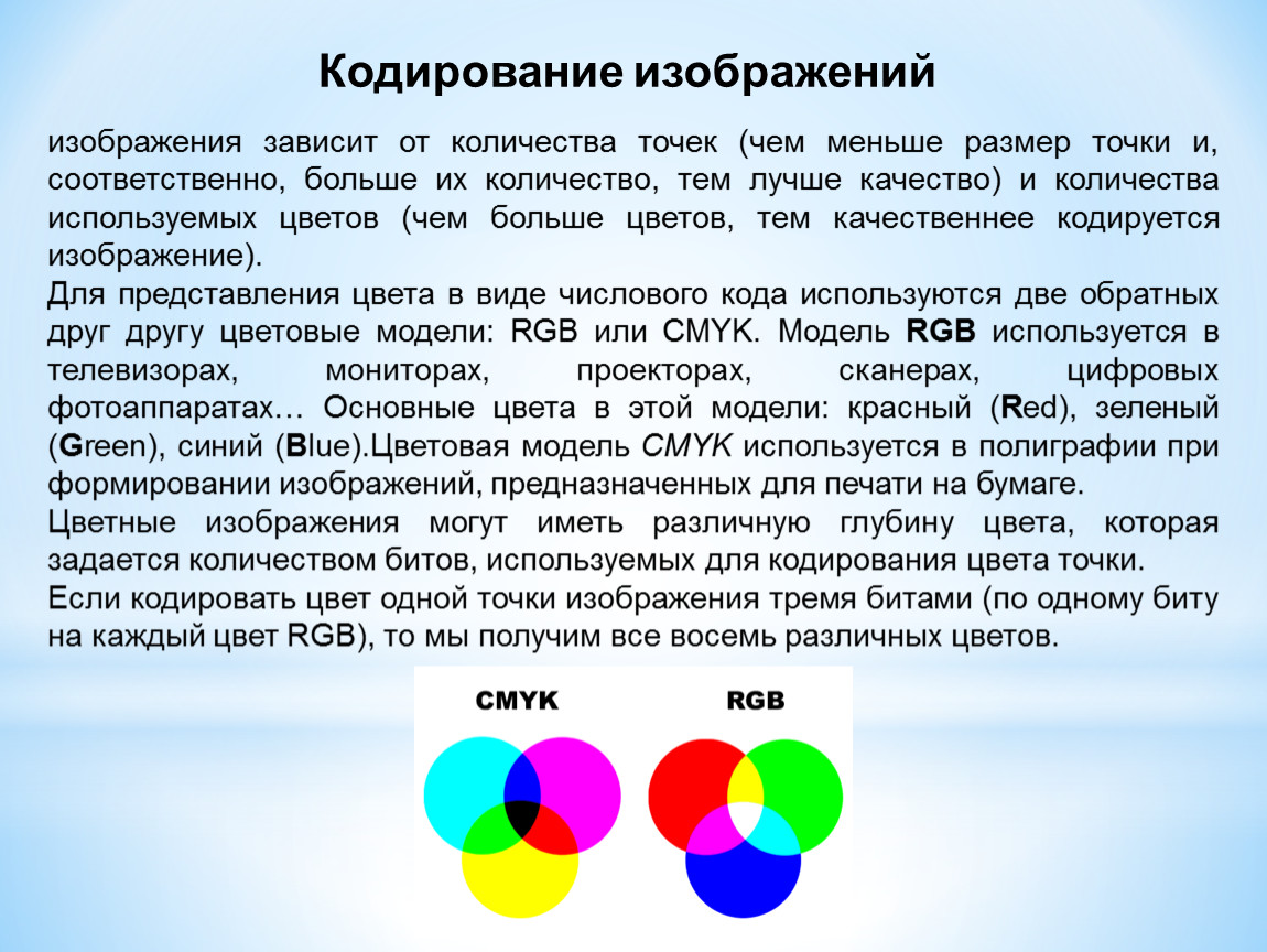 В изображение используется 128 различных цветов. Кодирование цвета точки. Способы кодирования цветов. CMYK кодирование. Метод кодирования цвета RGB.