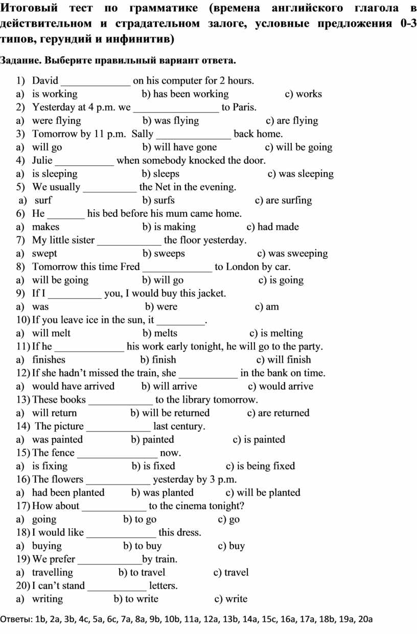 Итоговый тест по грамматике (времена английского глагола в действительном и страдательном залоге, условные предложения 0-3 типов, герундий и инфинитив)