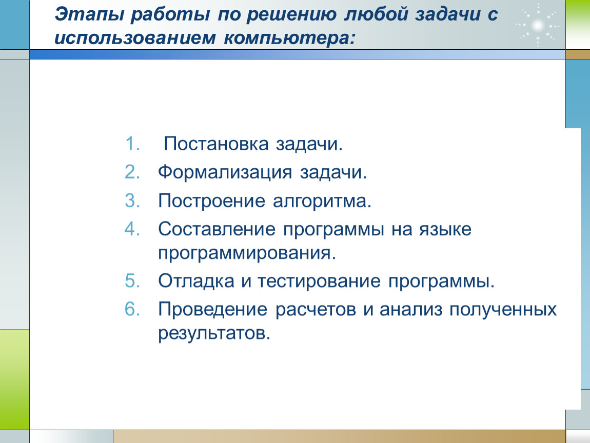 Перечислите этапы решения задачи с использованием компьютера