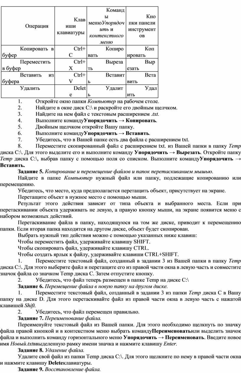 Перечислите основные операции с файлами и папками и опишите способы их реализации