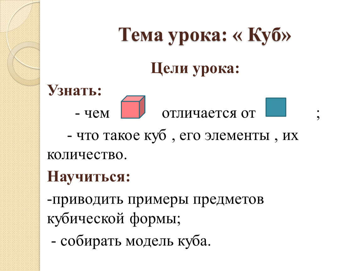 Тема урока: « Куб» Цели урока: