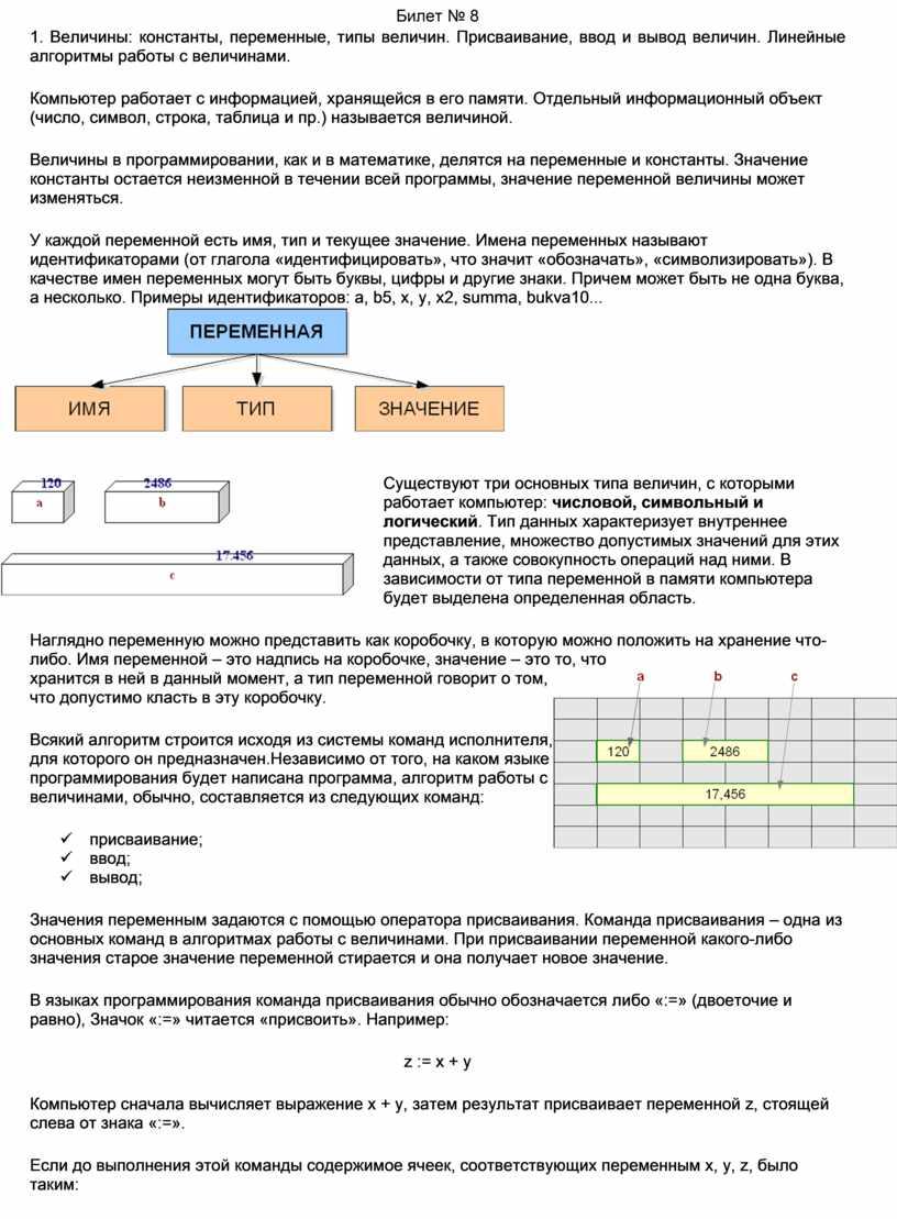 Вывод величина. Величины константы и переменные. Ввод и вывод данных основные типы величин 1.2.