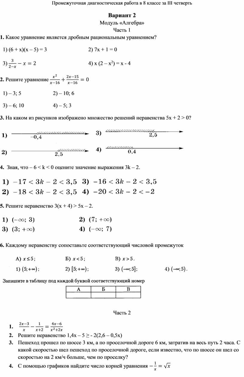 Промежуточная диагностическая работа по алгебре 8 класса (Макарычев) 3  четверть