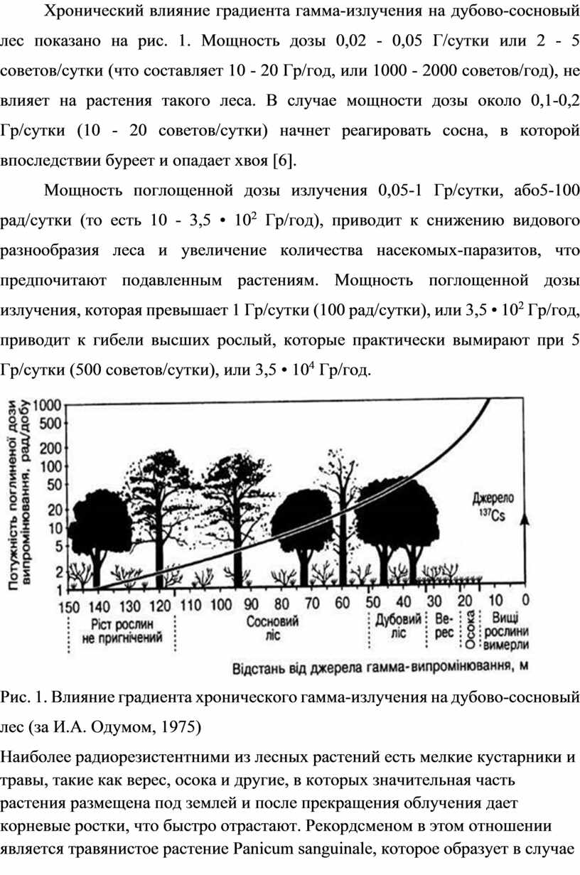 Хронический влияние градиента гамма-излучения на дубово-сосновый лес показано на рис