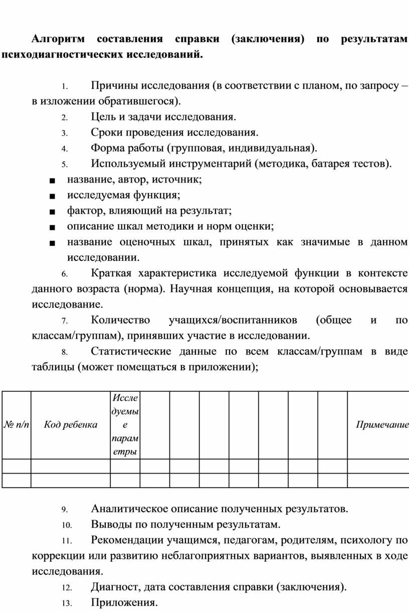 Протокол психодиагностического обследования образец