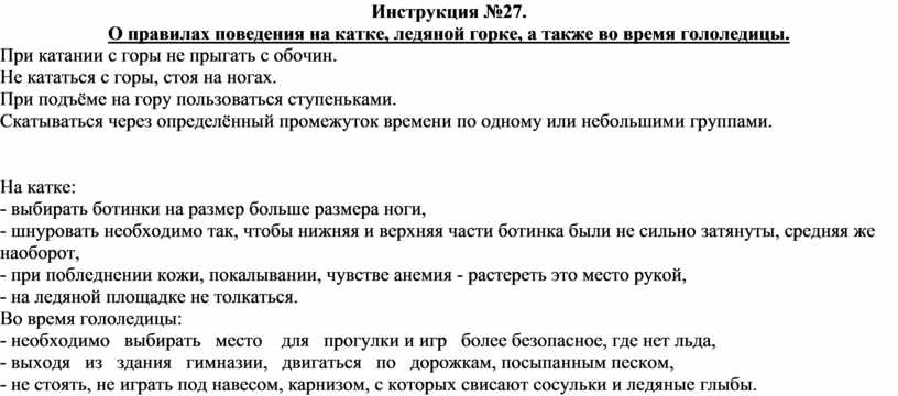 Инструктаж no 8. Инструкция №1. Должностная инструкция при работе на ледовой Горке. Инструктаж по ТБ (инструкция № 019,021,025,027,057) для начальной школы.