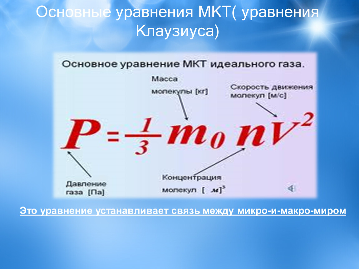 Основное уравнение мкт идеального газа