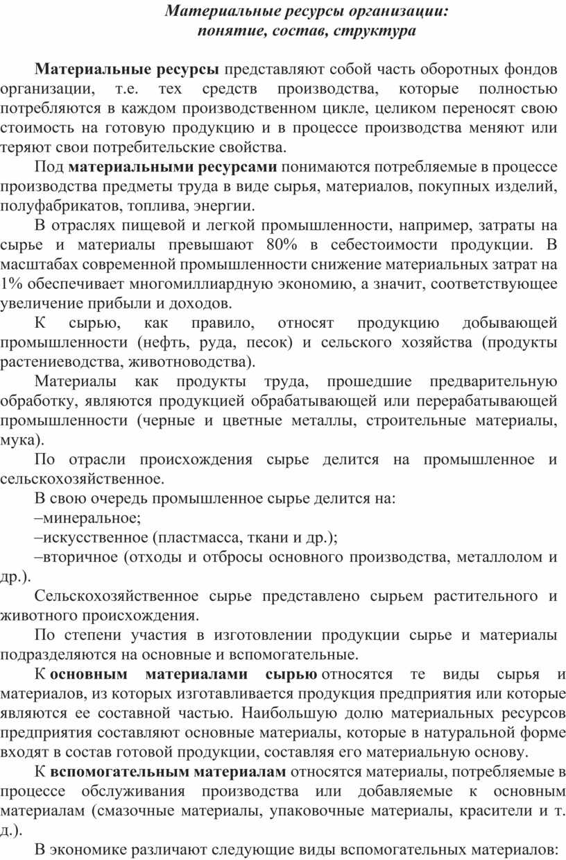 Материальные ресурсы организации: понятие, состав, структура