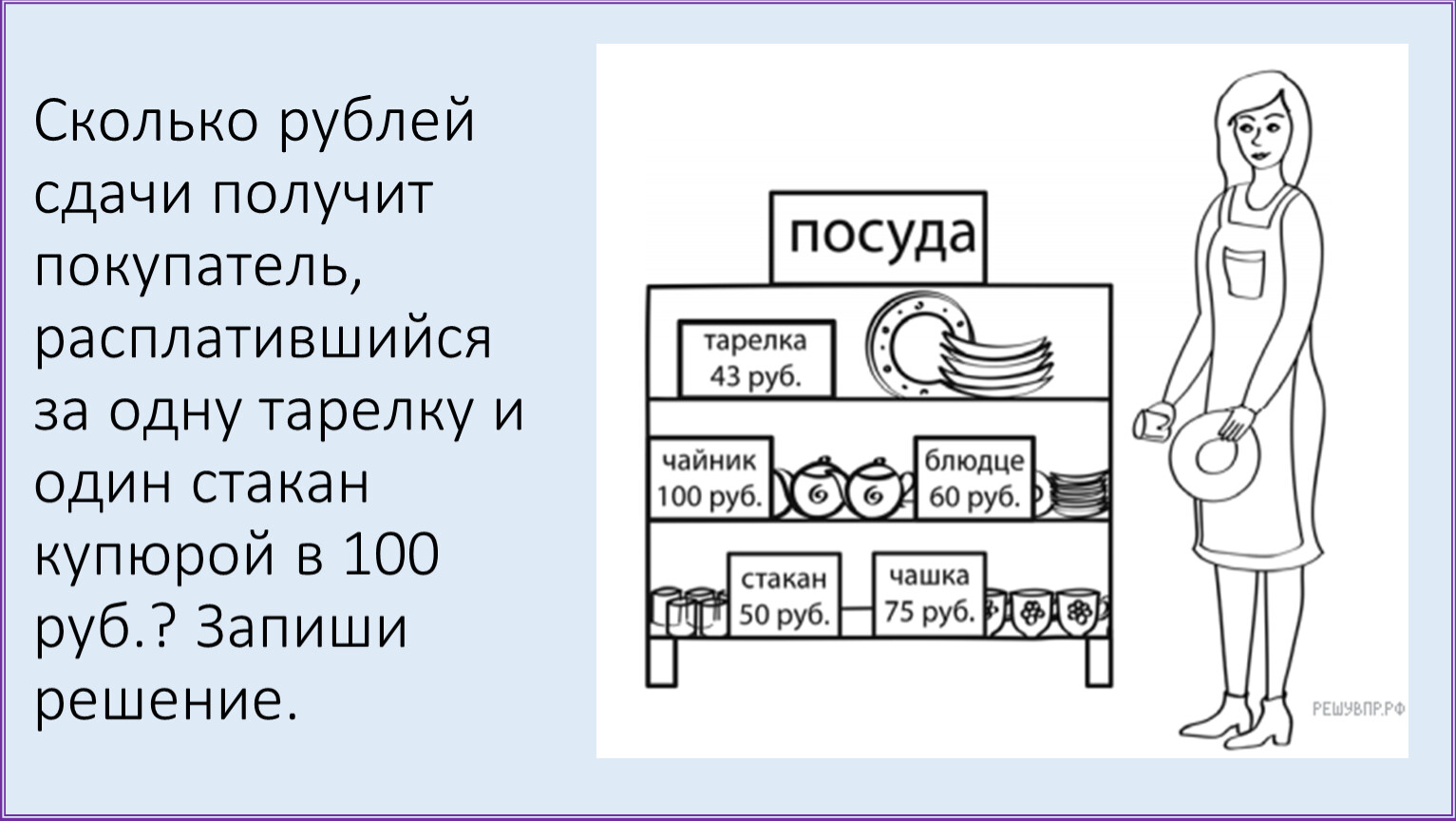 Рассмотри рисунок и ответь на вопрос сколько рублей сдачи получит покупатель