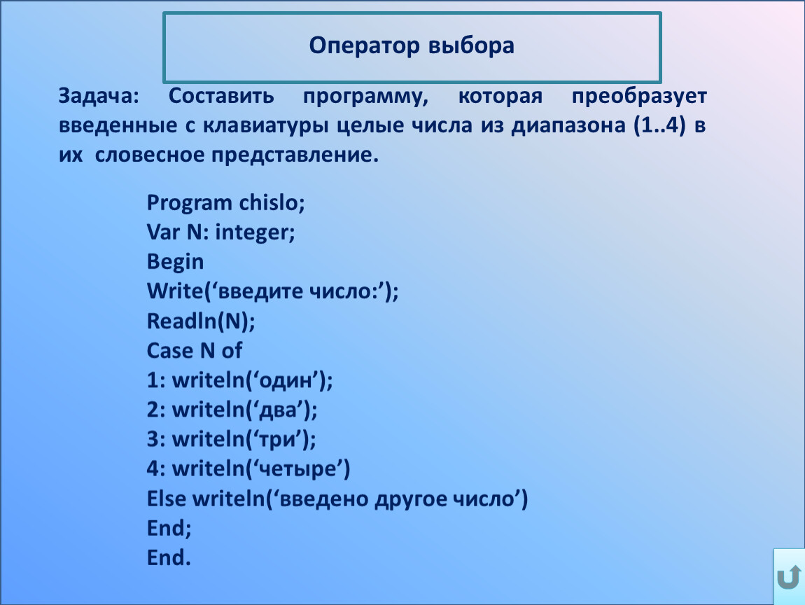 Ввести с клавиатуры целое число. Составить программу с оператором выбора.. Используя оператор выбора, составьте программу. Оператор выбора в Паскале 4 буквы сканворд. Написать программу используя оператор выбора перевести пятибальную.