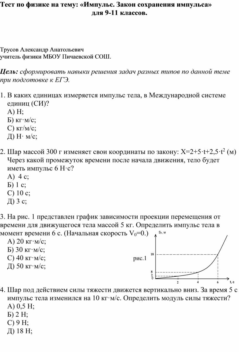 Тест по физике на тему: «Импульс. Закон сохранения импульса» для 9-11  классов.