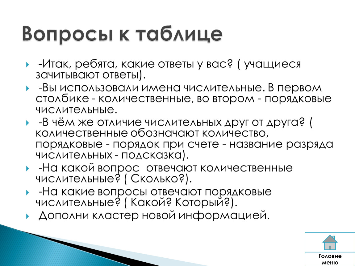 Урок русского языка в 4 классе «Имя числительное как часть речи»