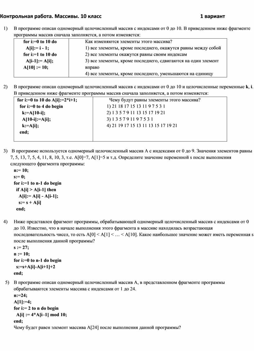 Контрольная работа. Массивы. 10 класс