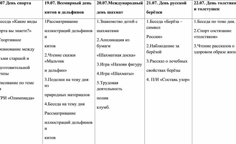 План на летний оздоровительный период в подготовительной группе