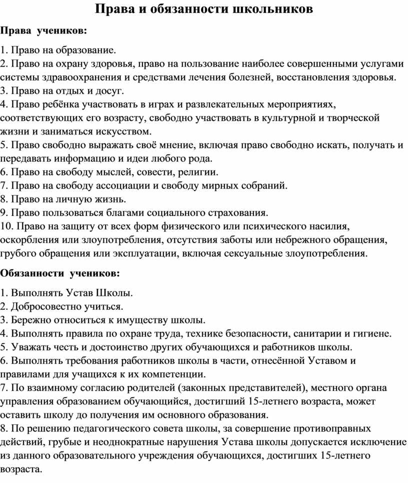 Актуальность проекта права и обязанности школьника