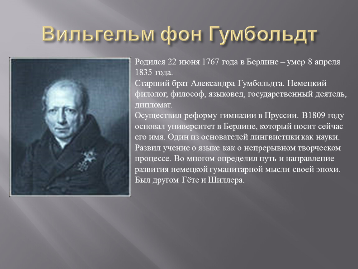 Знаменитые люди родившиеся. Вильгельм фон Гумбольдт (1767–1835). Вильгельм фон Гумбольдт основные идеи. 22 Июня 1767 Вильгельм фон Гумбольдт. Вильгельм фон Гумбольдт презентация.