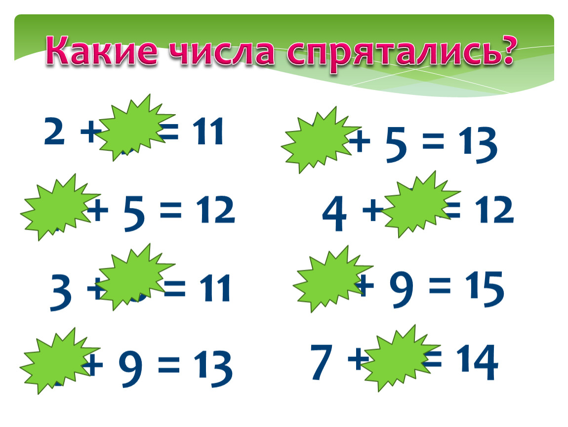 Какие числа спрятались? 2 + 9 = 11 7 + 5 = 12 3 + 8 = 11 4 + 9 = 13 8 +…