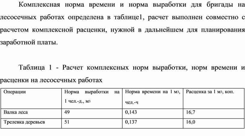 Комплексная норма времени и норма выработки для бригады на лесосечных