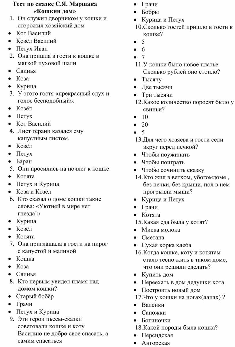 Тест по сказке С.Я. Маршака 