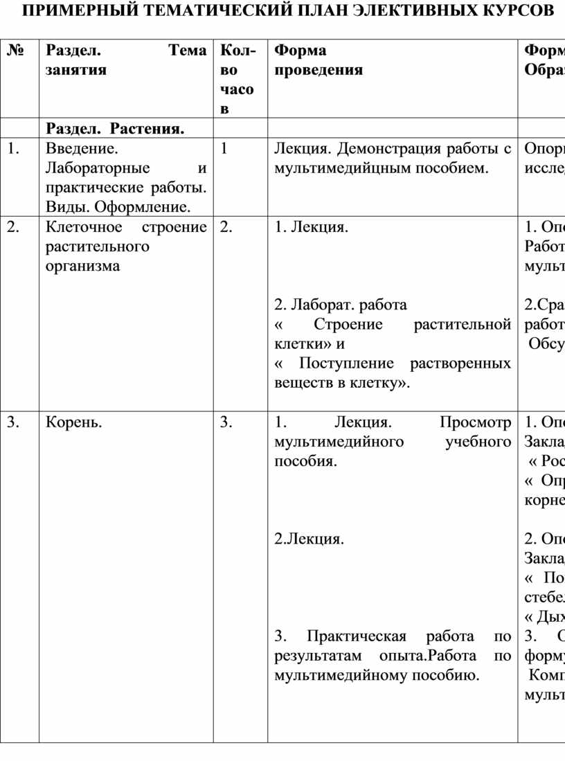 ПРИМЕРНЫЙ ТЕМАТИЧЕСКИЙ ПЛАН ЭЛЕКТИВНЫХ