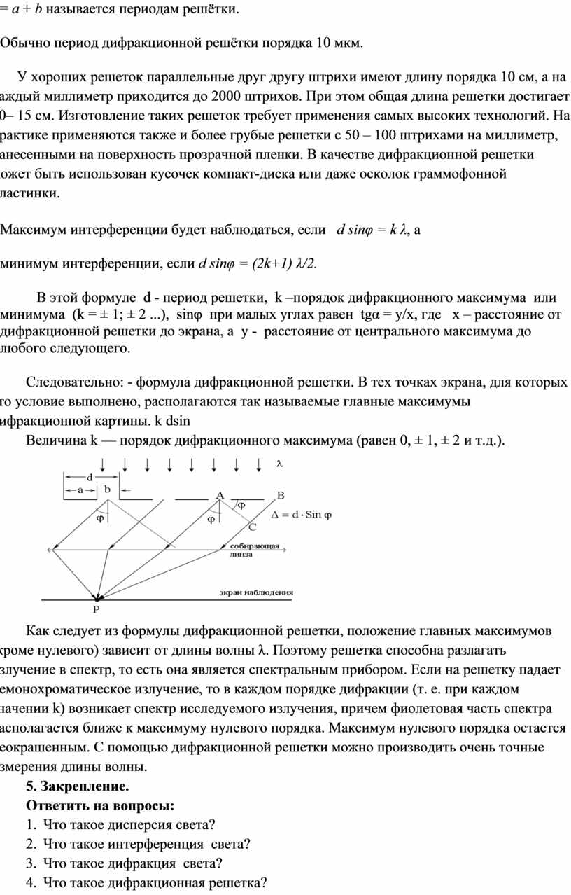 Дисперсия света. Интерференция света. Дифракция света. Дифракционная решетка