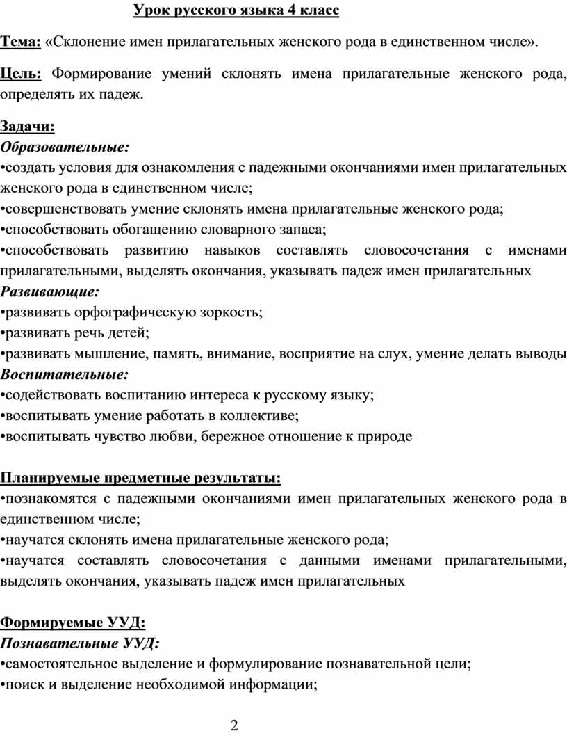 Урок русского языка «Склонение имен прилагательных женского рода в  единственном числе», 4 класс