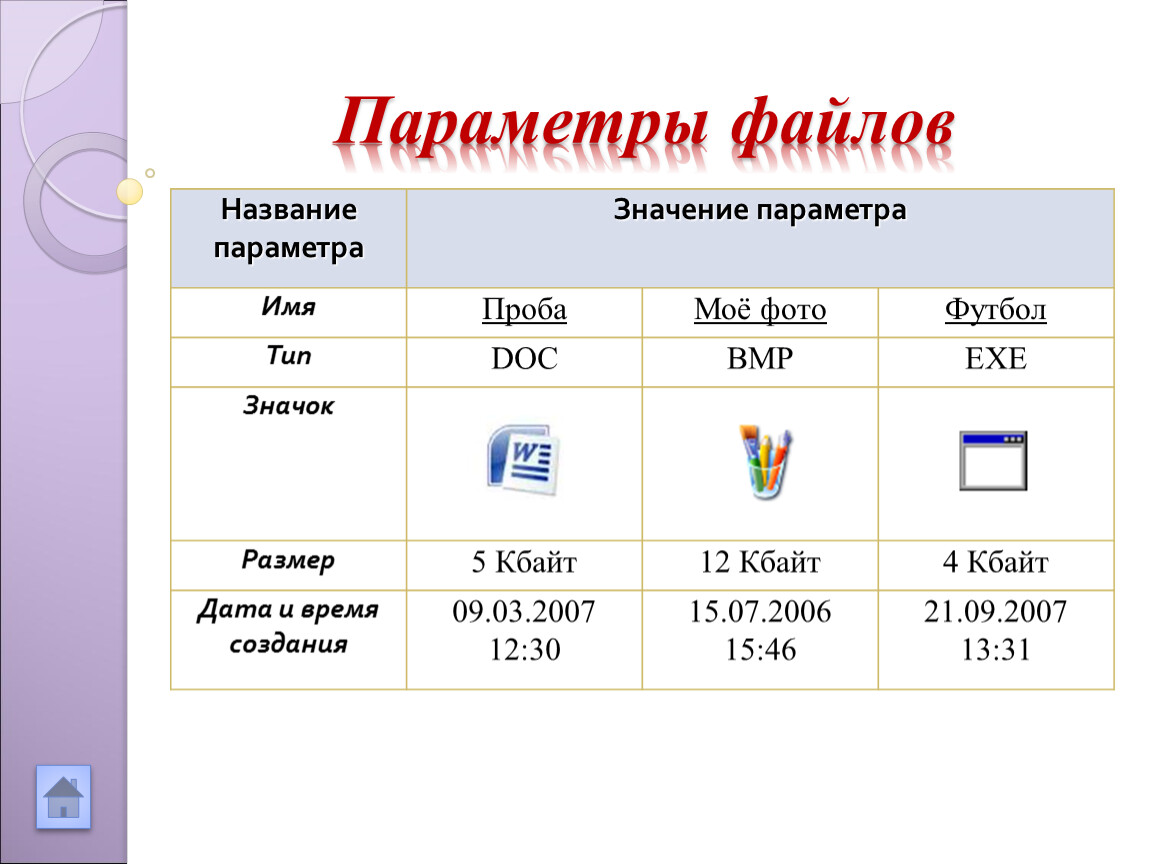 Название параметра. Параметры файла. Имя файла Тип значок размер. Основные параметры файла. Приложение имя файла.