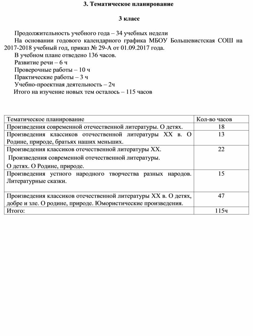 Тематическое планирование 3 класс