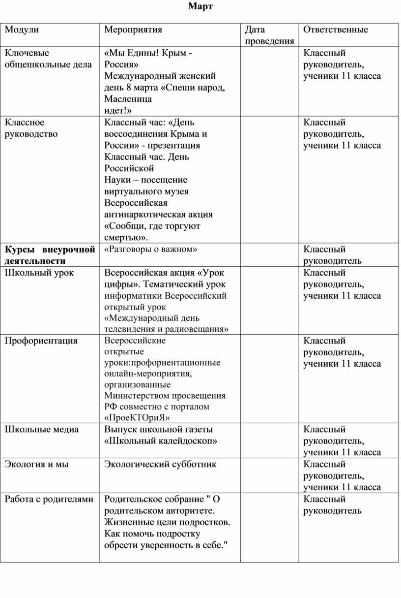 Март Модули Мероприятия