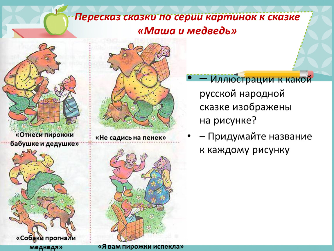 Повторяй сказку. Придумай название к каждому рисунку.. Пересказ сказки. Составление сказки по картинкам.