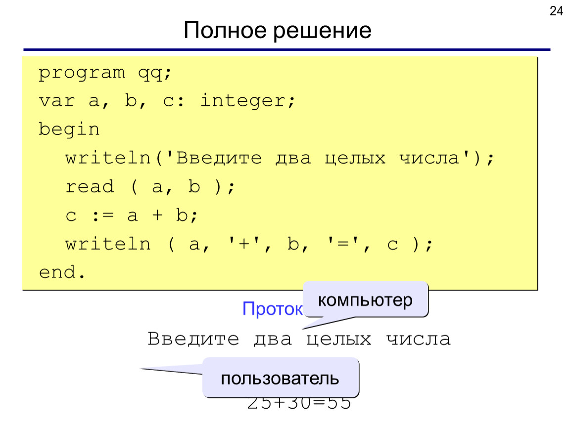 Решение программы n 6. Program QQ var a b c integer. Ввести два целых числа и вывести на экран их сумму program QQ. Программа решения квадратного уравнения в Паскале. Напишите операторы ввода вывода данных на языке Паскаль.