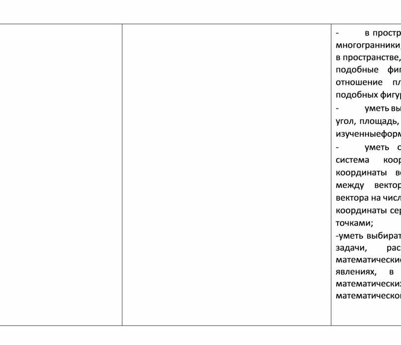 8 - в пространстве; умение распознавать правильные многогранники; уметь оперировать понятиями: движение в пространстве, подобные фигуры в пространстве; использовать отношение площадей поверхностей и объемов подобных…