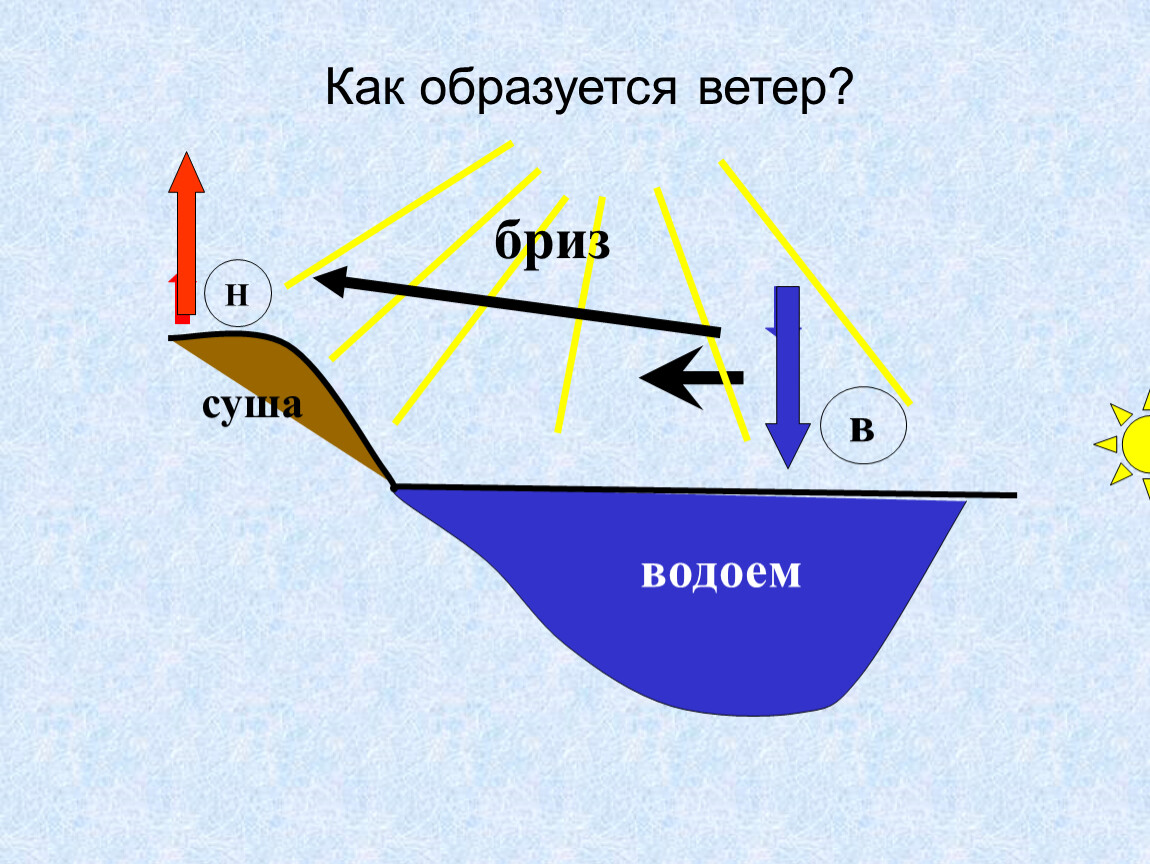 Возникновение ветра рисунок. Направление дневного и ночного бриза. Дневной Бриз. Образование дневного бриза. Схема образования дневного бриза.